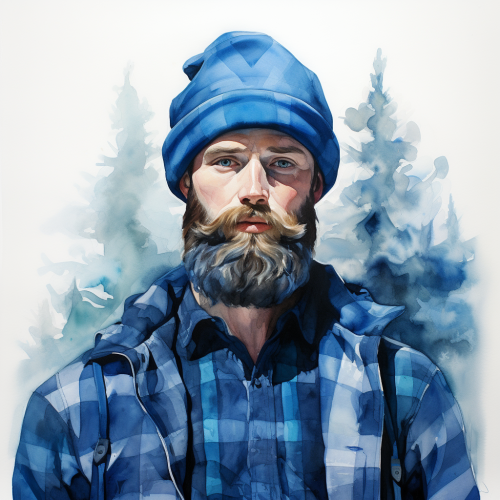 Blue lumberjack with pale blue skin in watercolor