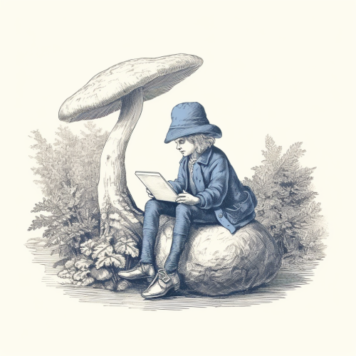 Adorable blue mushroom with laptop in lap Adorable blue mushroom with laptop in lap