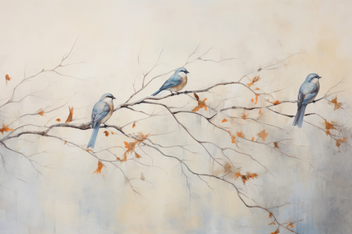 Colorful Sparrows and Leaves on Tree Branches