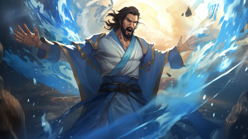 Strong male water bender in blue robes