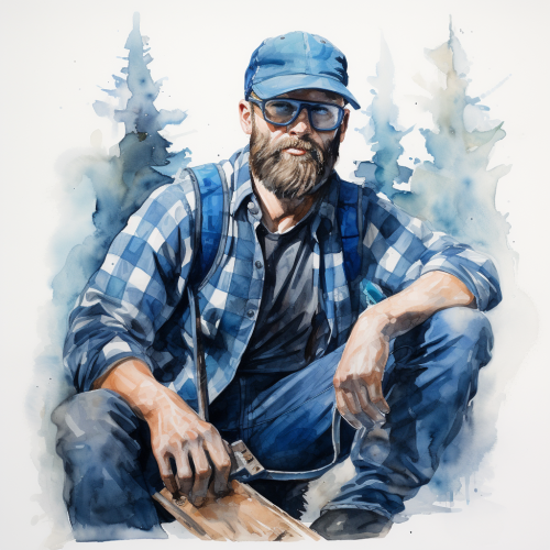 Watercolor depiction of a unique blue-skinned lumberjack