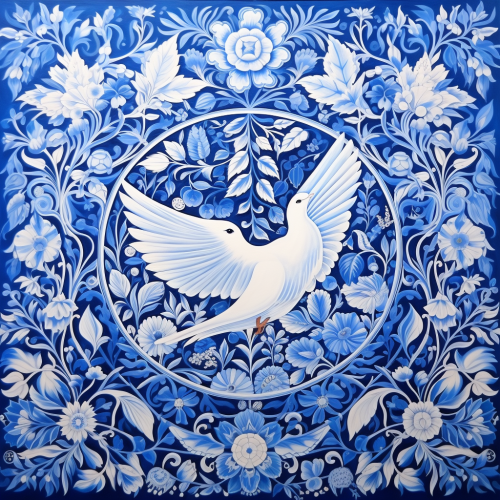 Blue and white art representing freedom, peace, victory