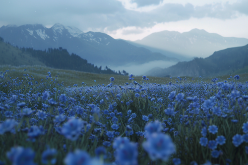 Blue wildflowers in Kashmir at dusk