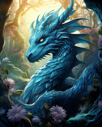 Blue Young Dragon in Magic Forest