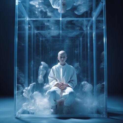 Bald Kid Meditating inside Glass Box on Blue Background