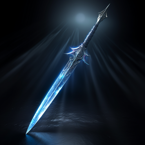 Pointed sword emitting blue light