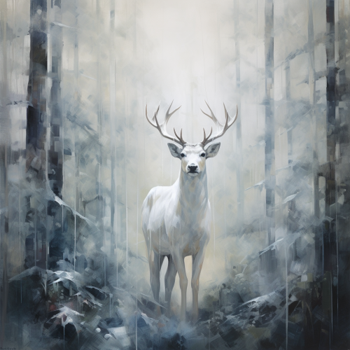 Beautiful white reindeer standing in a pineforest