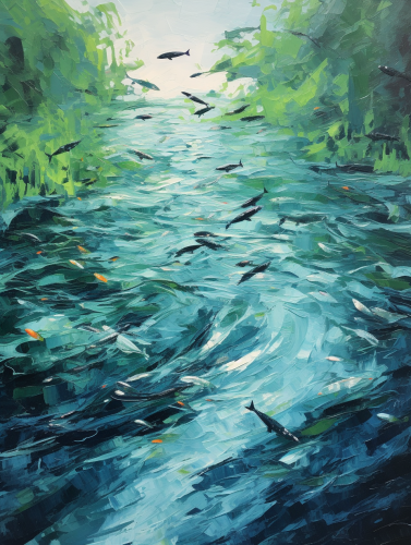 Vibrant bold acrylic river painting with floating fishes