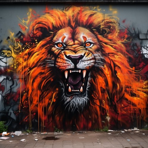Detailed lion graffiti on city wall
