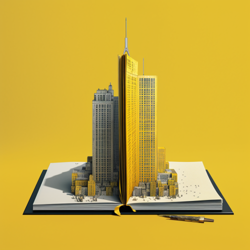 Skyscraper emerging from a book Skyscraper emerging from a book