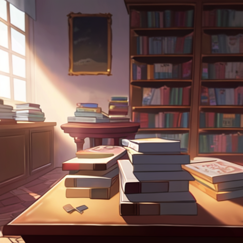 Artistic display of books, cigarettes, and paintings on a desk