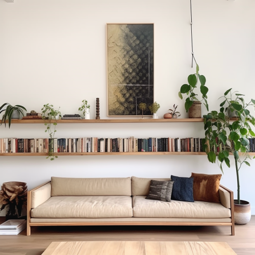 Modern bookshelf with plants, murano, and artwork Modern bookshelf with plants, murano, and artwork