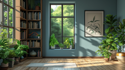 Bookshelves, wall art, window, plants