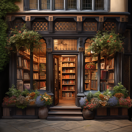 Charming bookshop storefront in English style