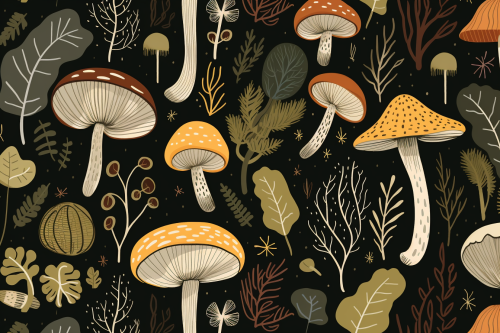 Botanical mushrooms and berries pattern in olive and brown