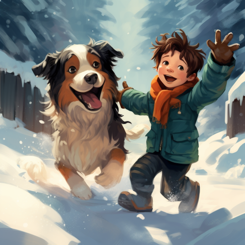 Boy and Australian Shepherd Snowball Fight