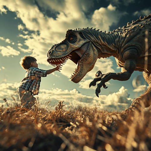 Boy punching T-Rex  action