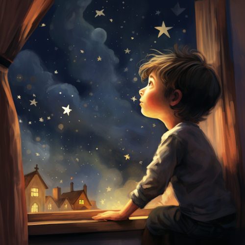 boy looking at stars from bedroom