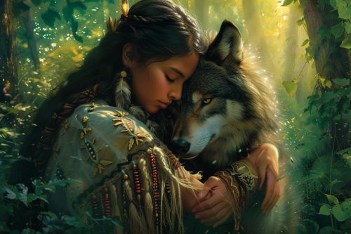 Native American Woman Hugging Dark Wolf in Mystical Forest