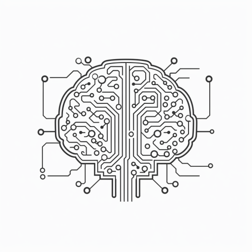 Black and white line illustration of AI brain outline with circuit board pattern