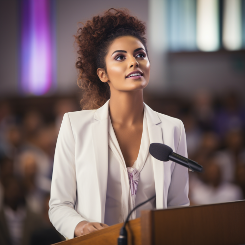 Brazilian woman in white blazer suit with violet eyes