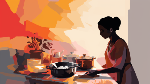 Person making breakfast with abstract art