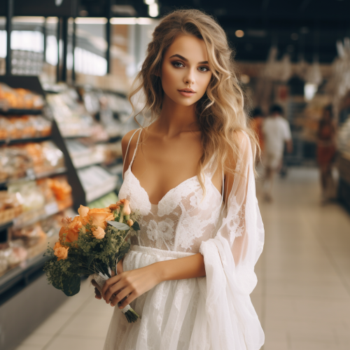 Beautiful bride shopping at supermarket with grocery bags