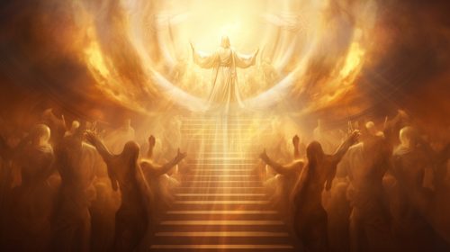 Angelic worship around golden throne in heaven
