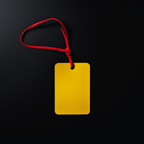 Bright yellow tag with red string on black background