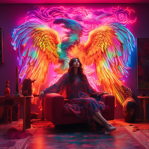 Beautiful woman glowing in vibrant room Beautiful woman glowing in vibrant room