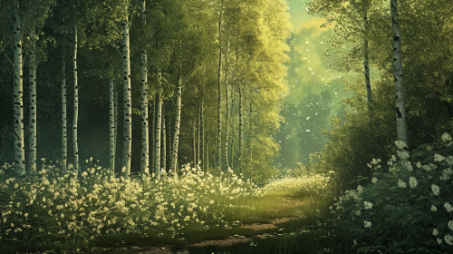 Birch fields with brilliant light