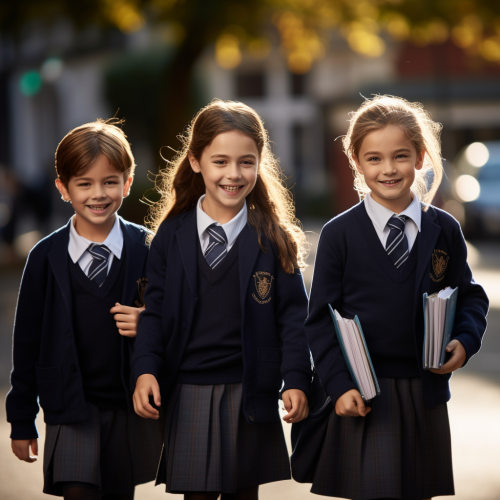 Four British aristocratic school students walking with books