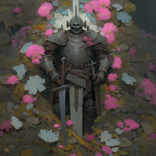 Knight in Broken Armor surrounded by Flowers