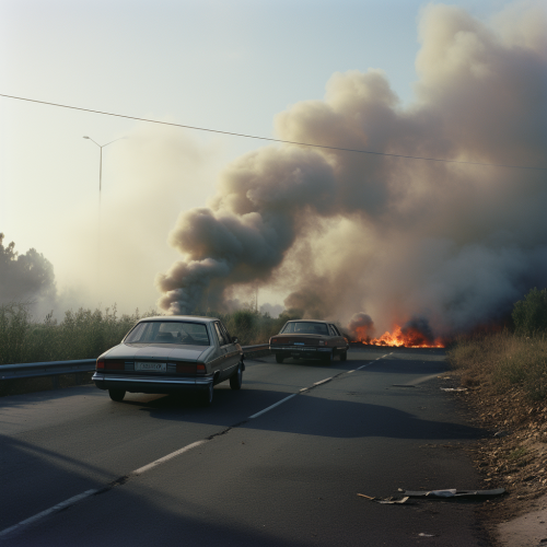 Broken classic sedan car on highway with smoke