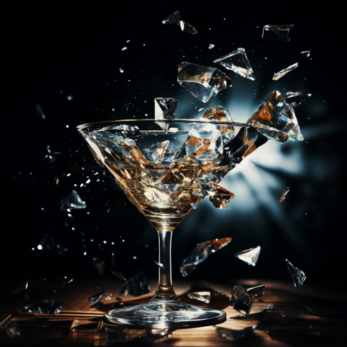 Shattered martini glass with spilled liquid