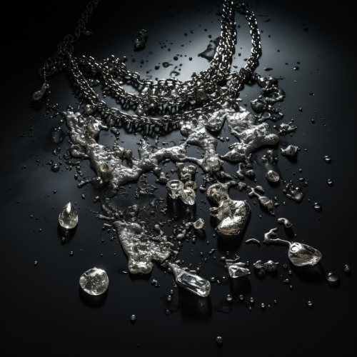 Broken silver necklace on dark surface