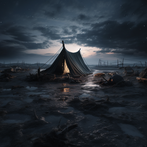 Abandoned broken tent in dark hyper reality