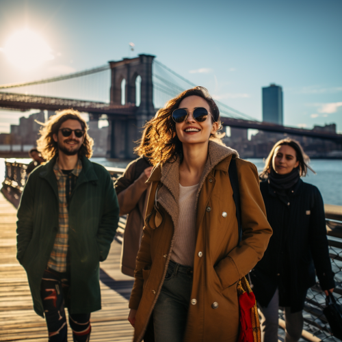 Happy People Walking on Brooklyn Bridge