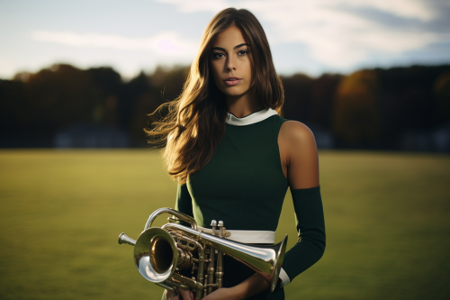 Young woman playing trumpet in band uniform