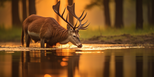 Majestic buck drinking from water