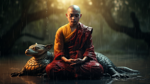 Buddha protected by cobra in rain