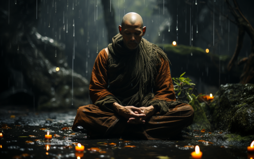 A weeping Buddhist monk under a rain tree