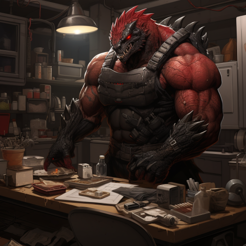 Robotic dinosaur cooking in apron