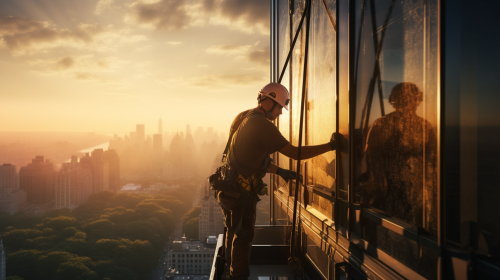 Window cleaner using squeegee on high-rise building