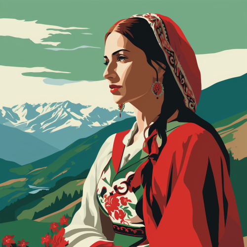 Girl wearing traditional Bulgarian outfit by the mountains