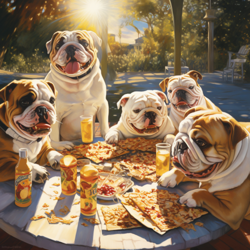 Bulldogs enjoying pizza and beer