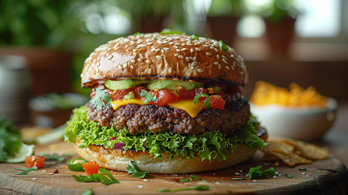 Burger on wooden board with delicious ingredients