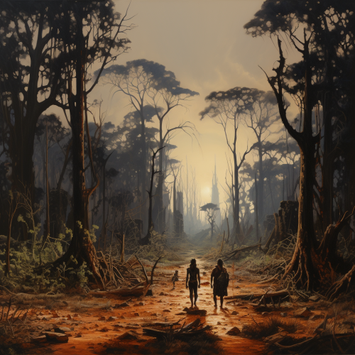 Burned forest with Zulu warriors