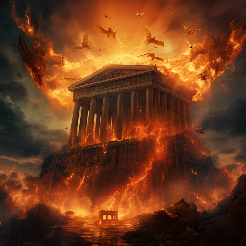 Massive angry gods above burning Arthemis Temple Massive angry gods above burning Arthemis Temple