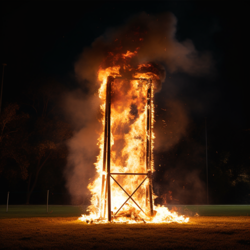 Burning football field goal post
